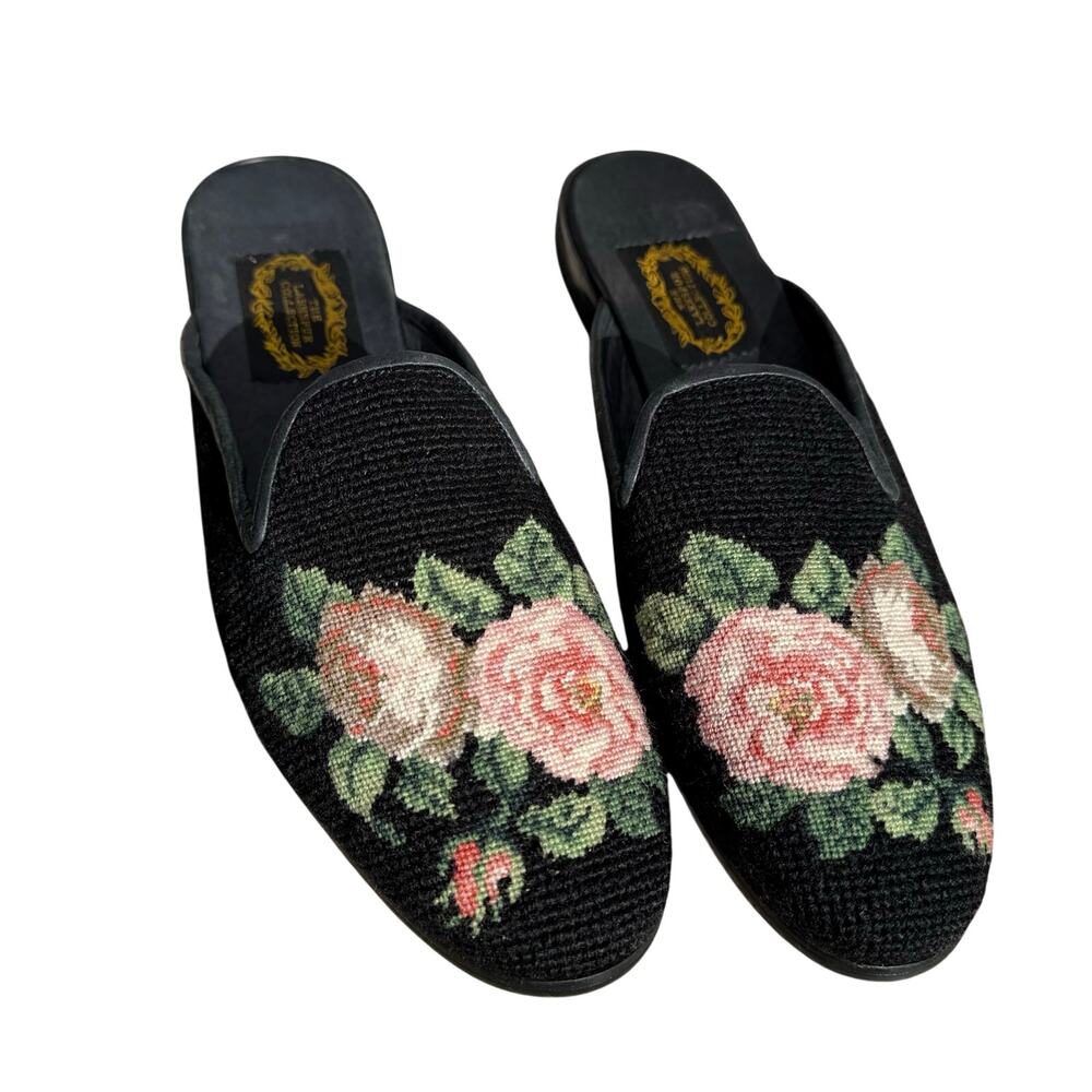 The Larkspur Collection Black Needlepoint Style Pink Flower Flat Mule Slippers L